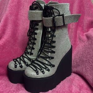 Dolls Kill Club Exx Crystal Traitor Boots Silver Sz 9